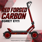 Egret Ey!1 Skin RED FORGED CARBON – Designvisualisierung. Reifenaufkleber separat erhältlich. Scooter nicht enthalten.