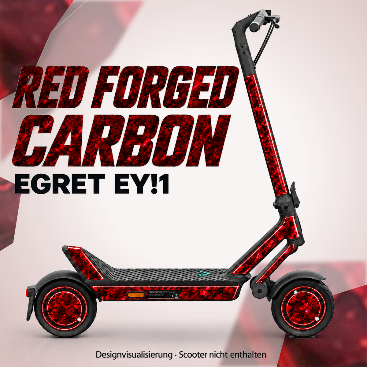 Egret Ey!1 Skin RED FORGED CARBON – Designvisualisierung. Reifenaufkleber separat erhältlich. Scooter nicht enthalten.
