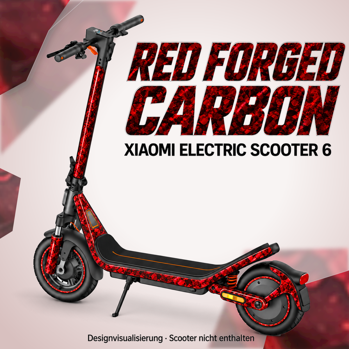 Xiaomi Electric Scooter 6 Skin RED FORGED CARBON – Designvisualisierung. Reifenaufkleber separat erhältlich. Scooter nicht enthalten.
