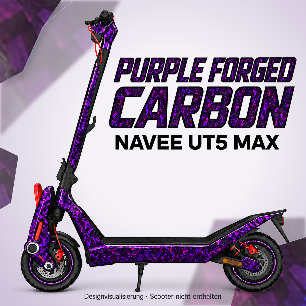 NAVEE UT5 Max Skin PURPLE FORGED CARBON – Designvisualisierung. Reifenaufkleber separat erhältlich. Scooter nicht enthalten.