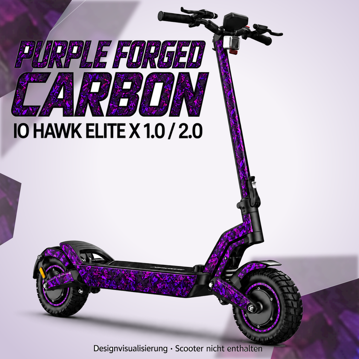 IO HAWK Elite X 1.0 / 2.0 Skin PURPLE FORGED CARBON – Designvisualisierung. Reifenaufkleber separat erhältlich. Scooter nicht enthalten.
