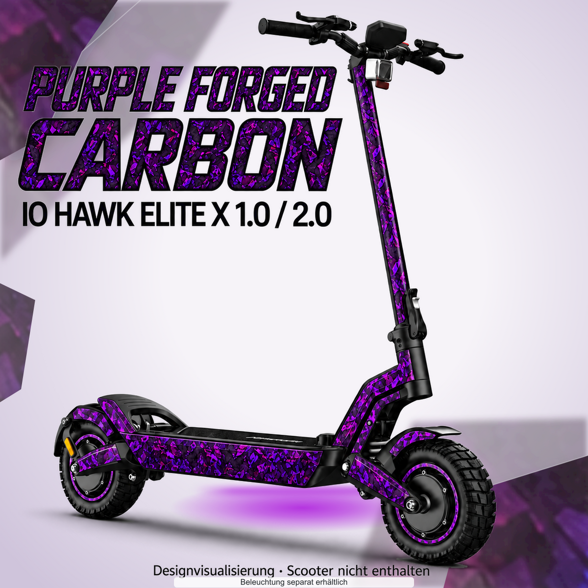 IO HAWK ELITE X 1.0 / 2.0 SKIN | PURPLE FORGED CARBON – Designvisualisierung mit optionalem Lichteffekt. Beleuchtung und Reifenaufkleber separat erhältlich. Scooter nicht enthalten.
