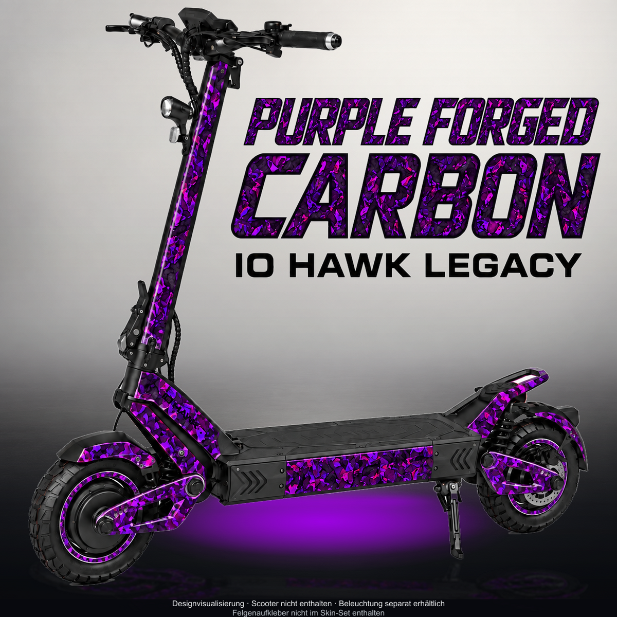 IO HAWK LEGACY SKIN | PURPLE FORGED CARBON – Designvisualisierung mit Licht in der Skinfarbe; Scooter nicht enthalten, Beleuchtung separat erhältlich