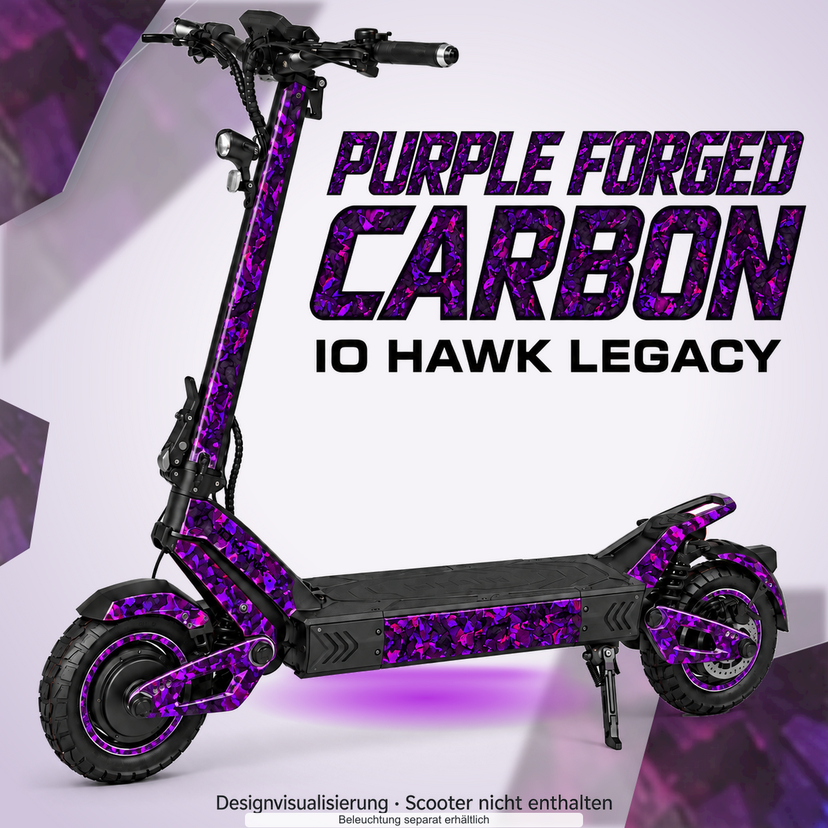 IO HAWK LEGACY SKIN | PURPLE FORGED CARBON – Designvisualisierung mit optionalem Lichteffekt. Beleuchtung und Reifenaufkleber separat erhältlich. Scooter nicht enthalten.