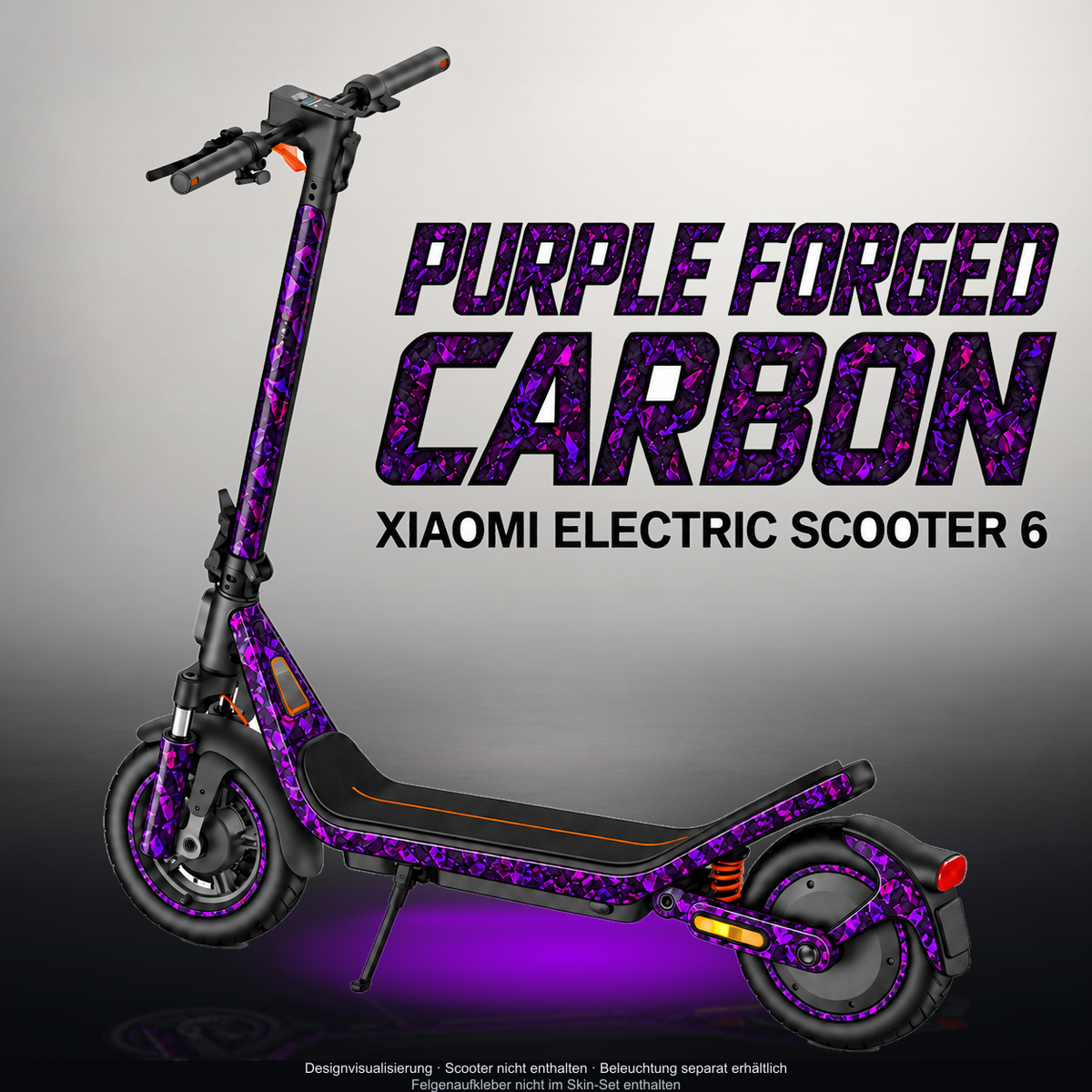 XIAOMI ELECTRIC SCOOTER 6 SKIN | PURPLE FORGED CARBON – Designvisualisierung mit Licht in der Skinfarbe; Scooter nicht enthalten, Beleuchtung separat erhältlich