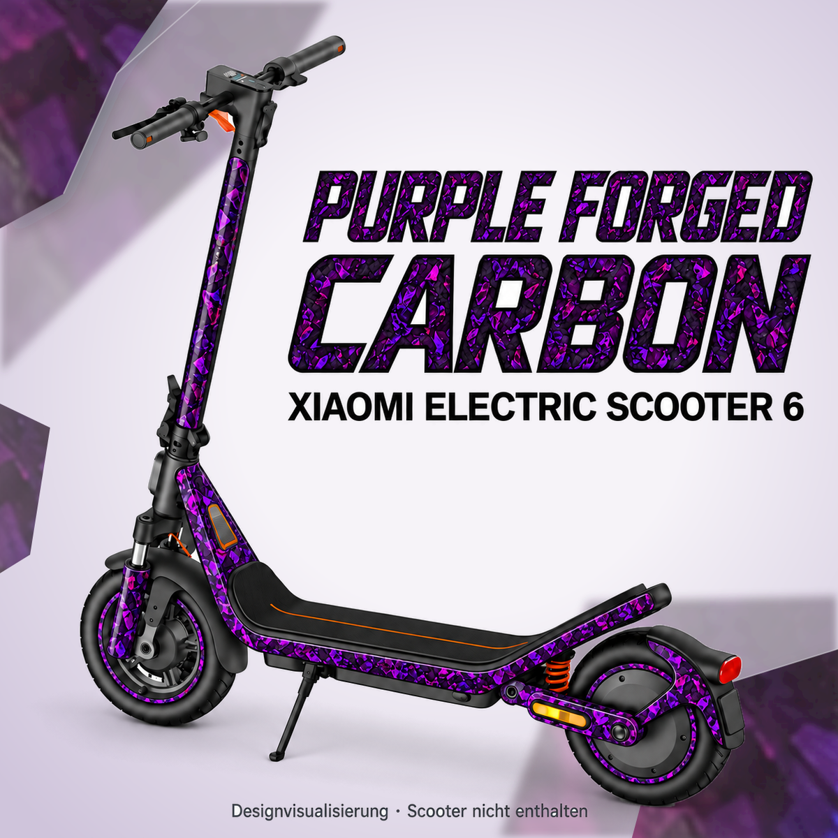 Xiaomi Electric Scooter 6 Skin PURPLE FORGED CARBON – Designvisualisierung. Reifenaufkleber separat erhältlich. Scooter nicht enthalten.