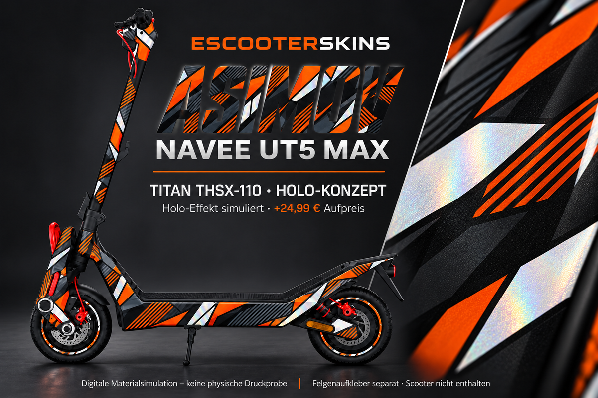 NAVEE UT5 MAX SKIN | ASIMOV – Holo-Effekt simuliert; +24,99 EUR Aufpreis. Digitale Materialsimulation, keine physische Druckprobe. Nur Body-Skin; Trittbrett und Felgenaufkleber separat; Scooter nicht enthalten.