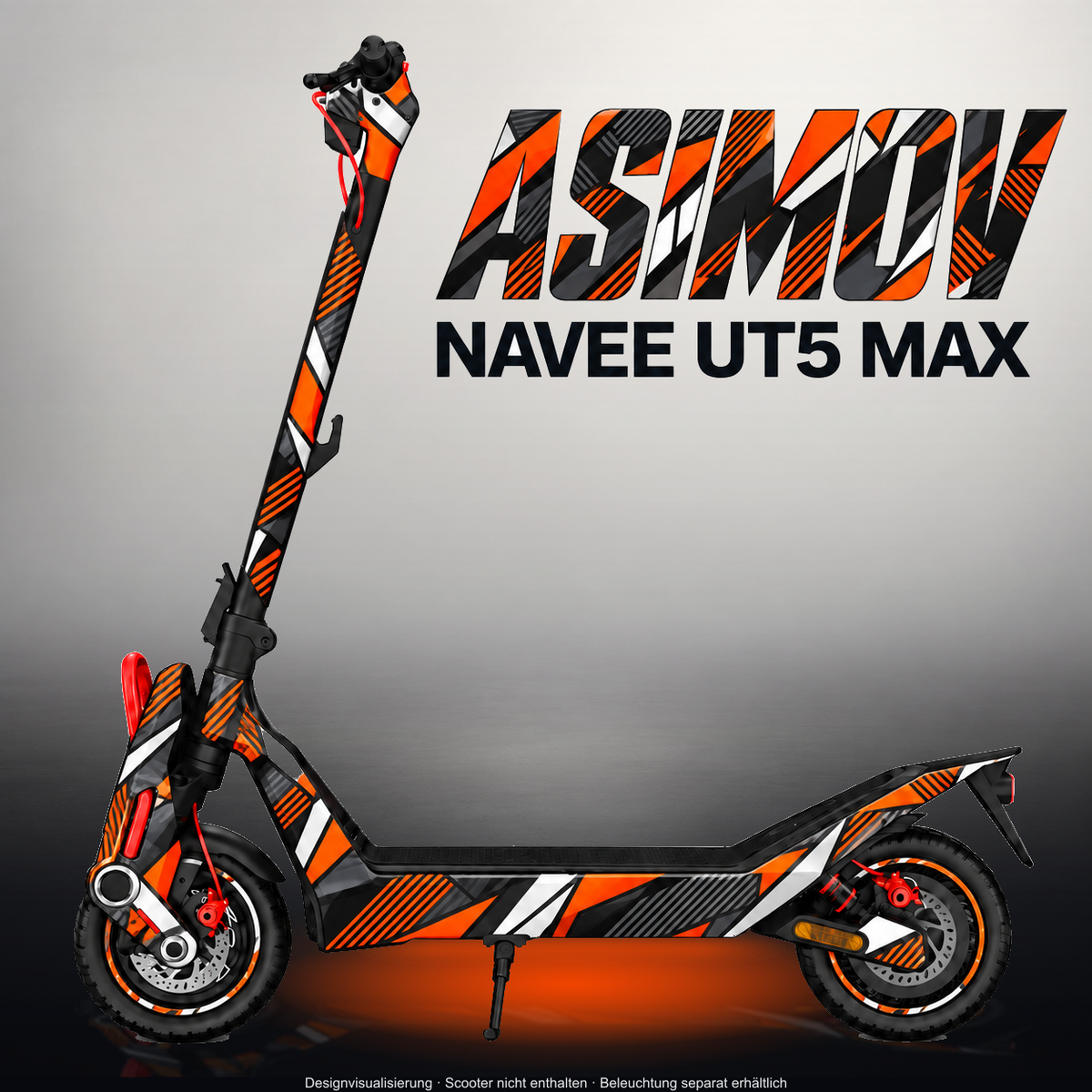 NAVEE UT5 MAX SKIN | ASIMOV – Designvisualisierung im Studio-Look mit Licht in der Skinfarbe; Scooter nicht enthalten, Beleuchtung separat erhältlich