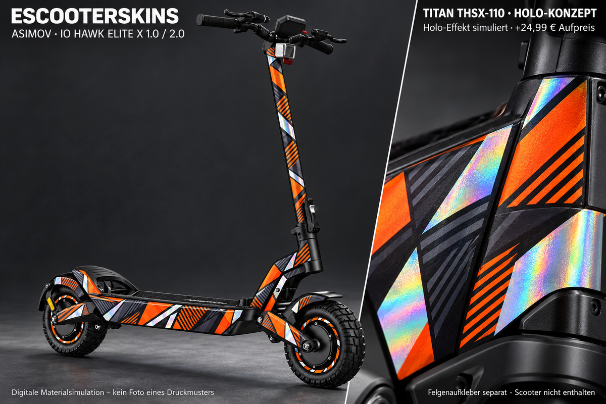 IO HAWK ELITE X 1.0 / 2.0 SKIN | ASIMOV – Holo-Effekt simuliert; +24,99 EUR Aufpreis. Digitale Materialsimulation, keine physische Druckprobe. Nur Body-Skin; Scooter und Felgenaufkleber nicht enthalten.