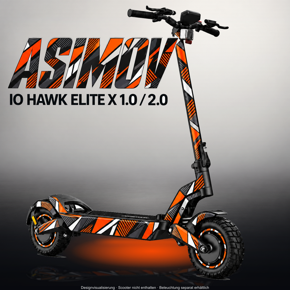 IO HAWK ELITE X 1.0 / 2.0 SKIN | ASIMOV – Designvisualisierung im Studio-Look mit Licht in der Skinfarbe; Scooter nicht enthalten, Beleuchtung separat erhältlich