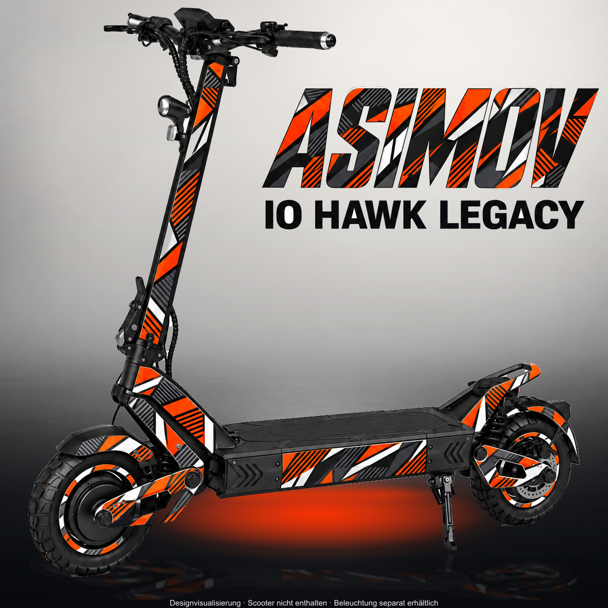 IO HAWK LEGACY SKIN | ASIMOV – Designvisualisierung im Studio-Look mit Licht in der Skinfarbe; Scooter nicht enthalten, Beleuchtung separat erhältlich