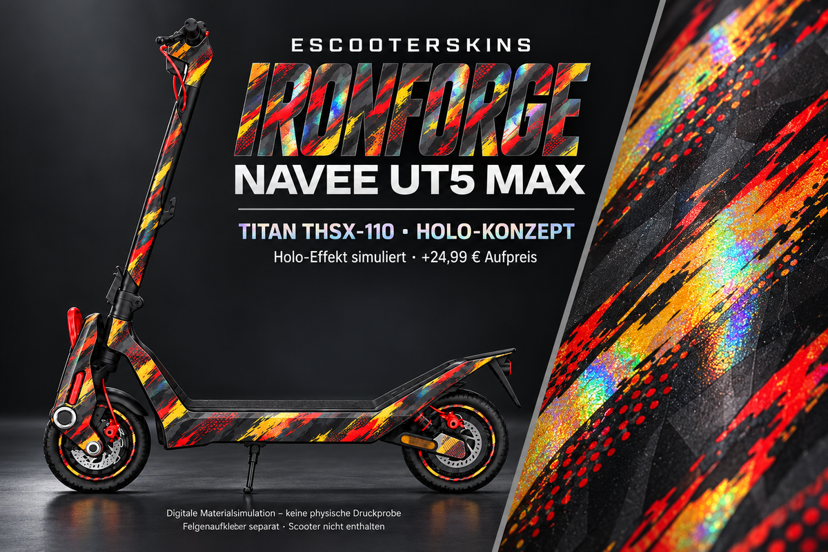 NAVEE UT5 MAX SKIN | IRONFORGE – Holo-Effekt simuliert; +24,99 EUR Aufpreis. Digitale Materialsimulation, keine physische Druckprobe. Nur Body-Skin; Trittbrett und Felgenaufkleber separat; Scooter nicht enthalten.
