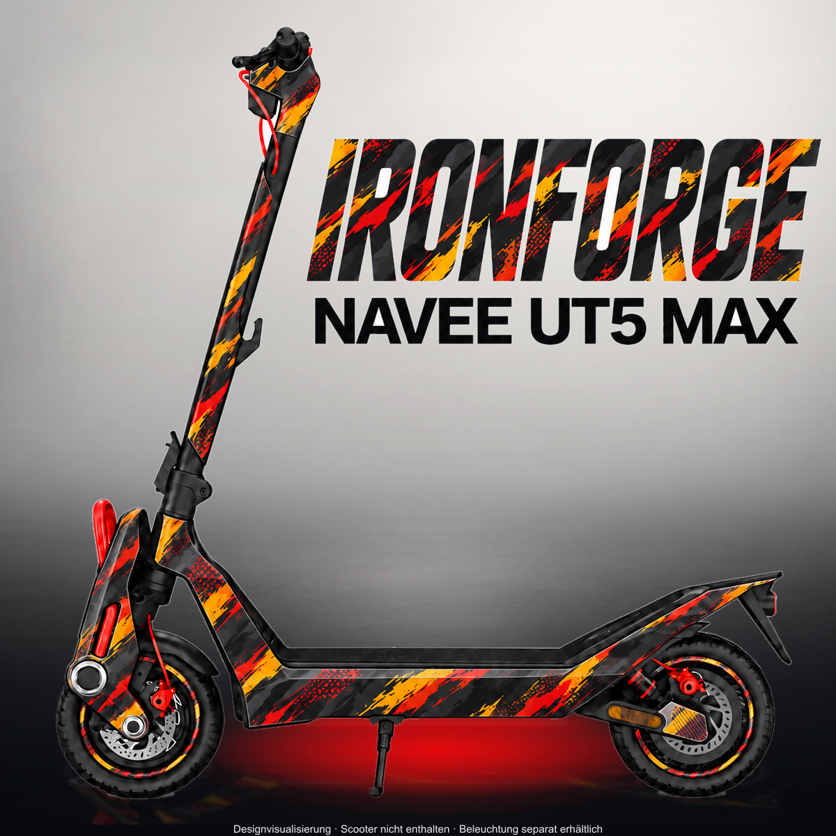 NAVEE UT5 MAX SKIN | IRONFORGE – Designvisualisierung im Studio-Look mit Licht in der Skinfarbe; Scooter nicht enthalten, Beleuchtung separat erhältlich