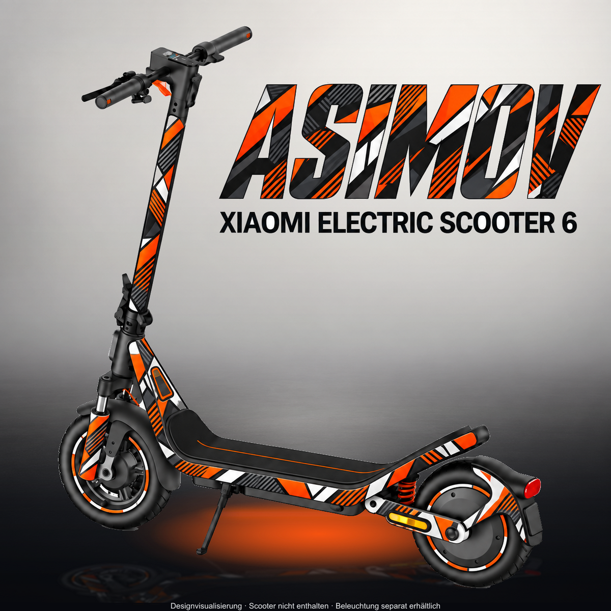 XIAOMI ELECTRIC SCOOTER 6 SKIN | ASIMOV – Designvisualisierung im Studio-Look mit Licht in der Skinfarbe; Scooter nicht enthalten, Beleuchtung separat erhältlich