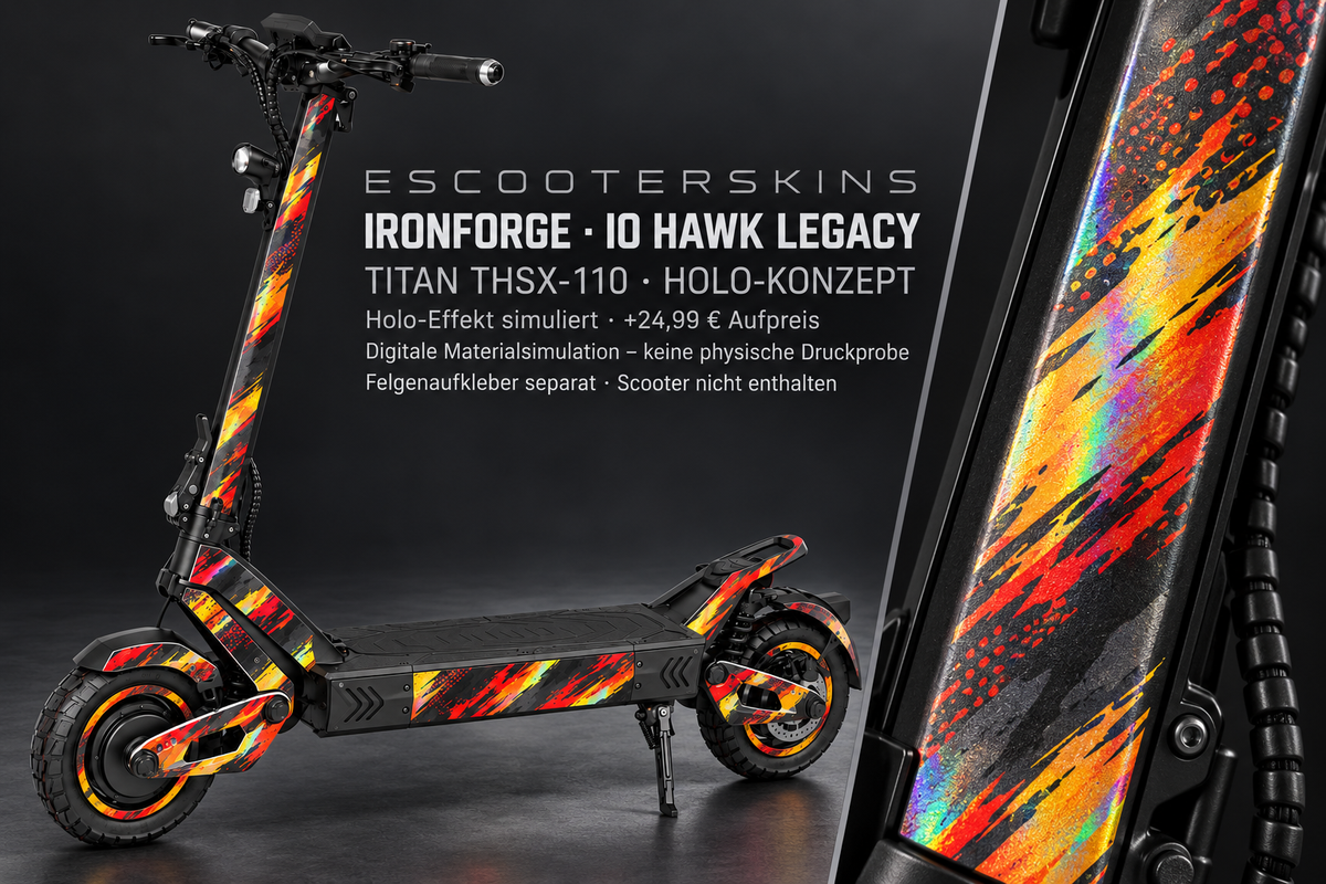 IO HAWK LEGACY SKIN | IRONFORGE – Holo-Effekt simuliert; +24,99 EUR Aufpreis. Digitale Materialsimulation, keine physische Druckprobe. Nur Body-Skin; Scooter und Felgenaufkleber nicht enthalten.