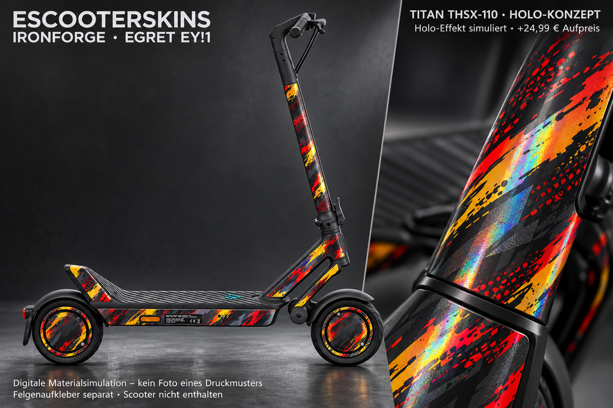 EGRET EY!1 SKIN | IRONFORGE – Holo-Effekt simuliert; +24,99 EUR Aufpreis. Digitale Materialsimulation, keine physische Druckprobe. Nur Body-Skin; Scooter und Felgenaufkleber nicht enthalten.