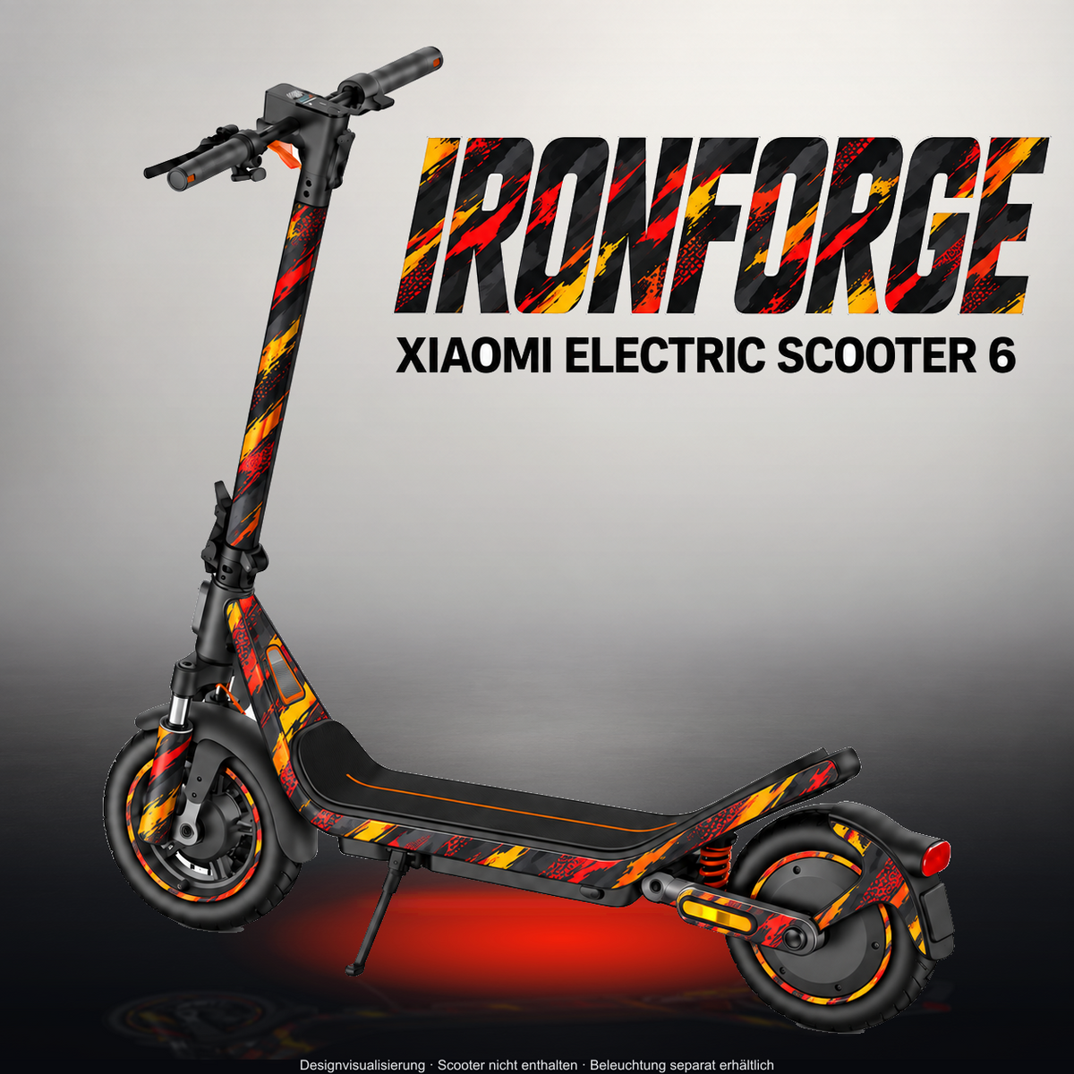 XIAOMI ELECTRIC SCOOTER 6 SKIN | IRONFORGE – Designvisualisierung im Studio-Look mit Licht in der Skinfarbe; Scooter nicht enthalten, Beleuchtung separat erhältlich