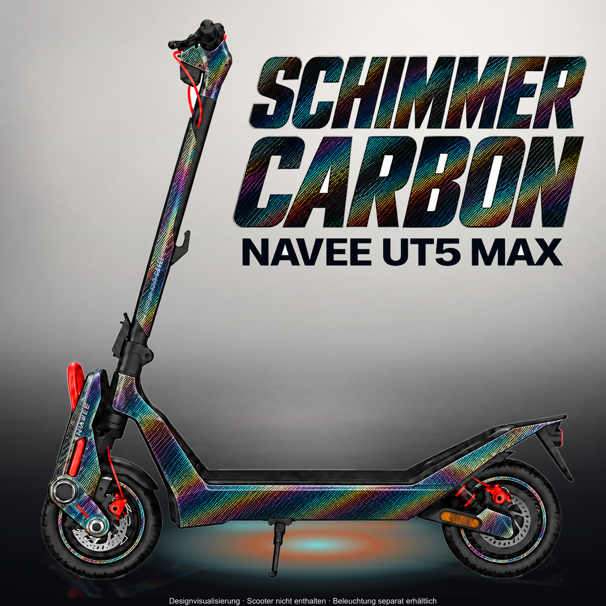 NAVEE UT5 MAX SKIN | SCHIMMER CARBON – Designvisualisierung im Studio-Look mit Licht in der Skinfarbe; Scooter nicht enthalten, Beleuchtung separat erhältlich