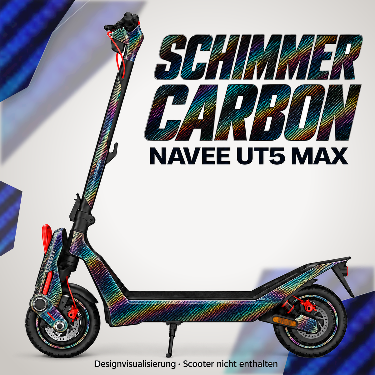 NAVEE UT5 Max Skin SCHIMMER CARBON – Designvisualisierung. Reifenaufkleber separat erhältlich. Scooter nicht enthalten.