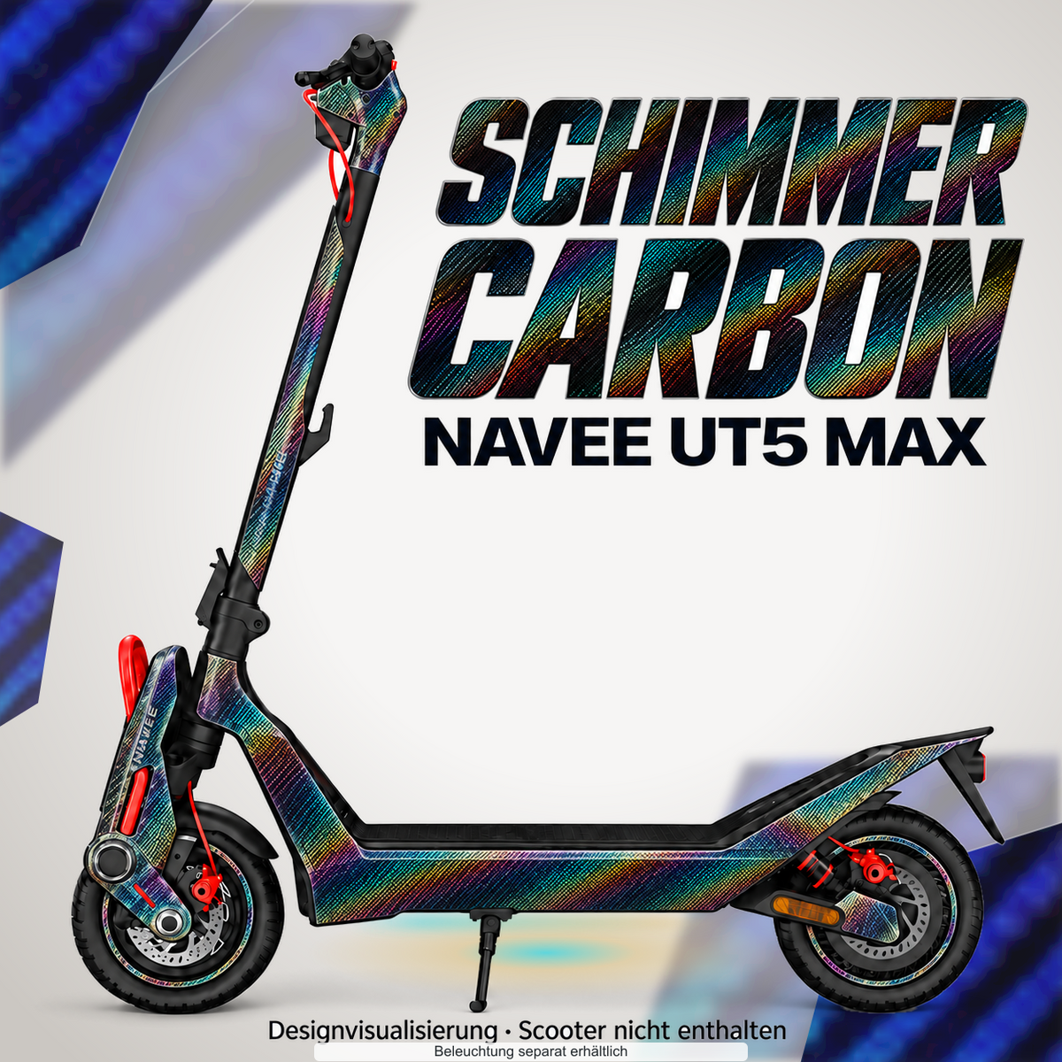 NAVEE UT5 MAX SKIN | SCHIMMER CARBON – Designvisualisierung mit optionalem Lichteffekt. Beleuchtung und Reifenaufkleber separat erhältlich. Scooter nicht enthalten.