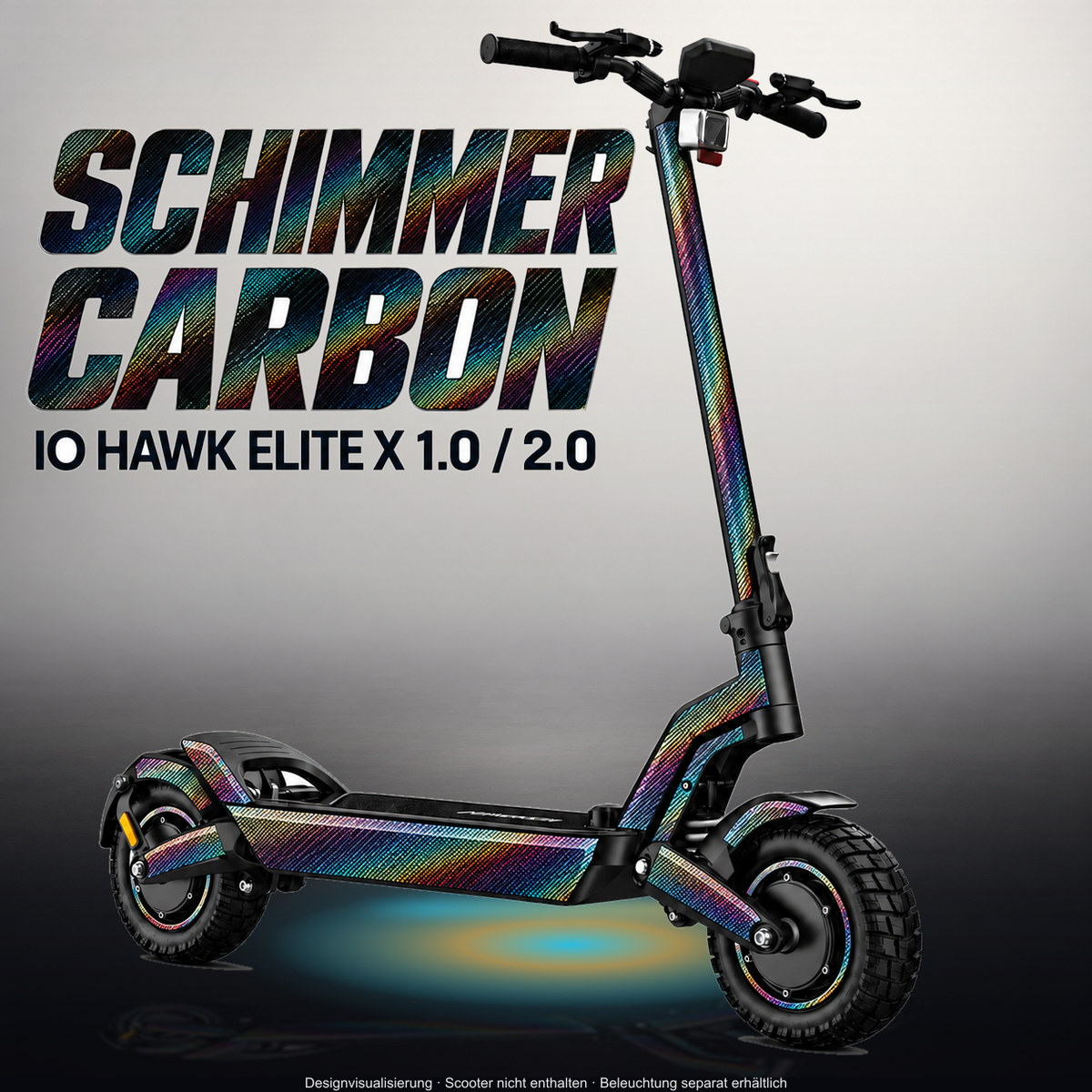 IO HAWK ELITE X 1.0 / 2.0 SKIN | SCHIMMER CARBON – Designvisualisierung im Studio-Look mit Licht in der Skinfarbe; Scooter nicht enthalten, Beleuchtung separat erhältlich