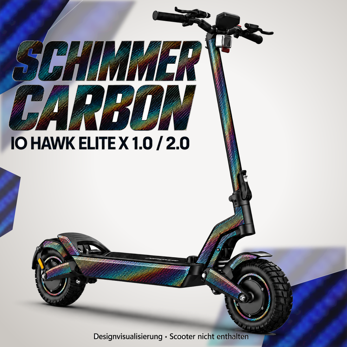 IO HAWK Elite X 1.0 / 2.0 Skin SCHIMMER CARBON – Designvisualisierung. Reifenaufkleber separat erhältlich. Scooter nicht enthalten.