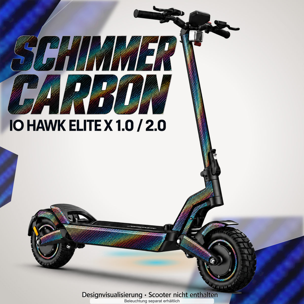 IO HAWK ELITE X 1.0 / 2.0 SKIN | SCHIMMER CARBON – Designvisualisierung mit optionalem Lichteffekt. Beleuchtung und Reifenaufkleber separat erhältlich. Scooter nicht enthalten.