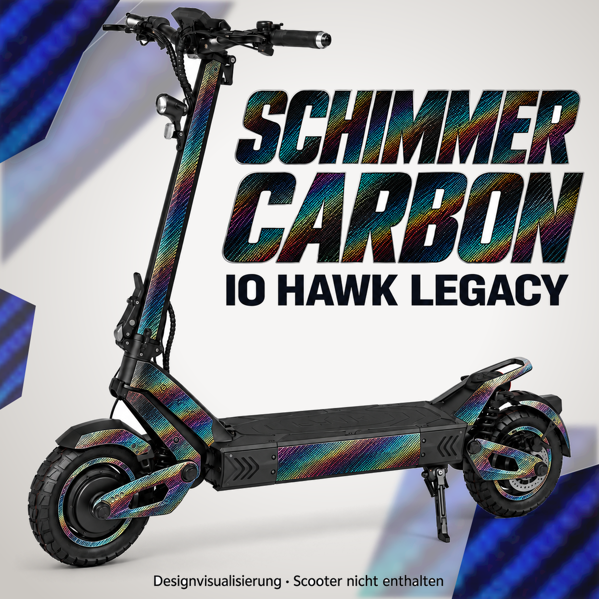 IO HAWK Legacy Skin SCHIMMER CARBON – Designvisualisierung. Reifenaufkleber separat erhältlich. Scooter nicht enthalten.