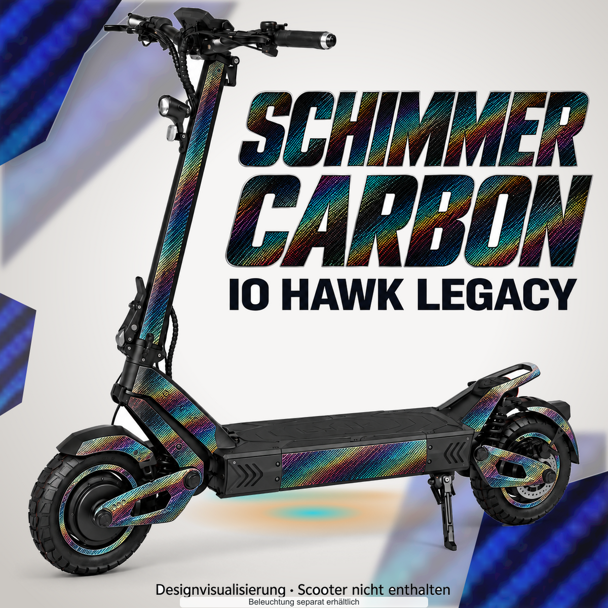 IO HAWK LEGACY SKIN | SCHIMMER CARBON – Designvisualisierung mit optionalem Lichteffekt. Beleuchtung und Reifenaufkleber separat erhältlich. Scooter nicht enthalten.