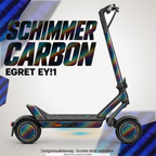 EGRET EY!1 SKIN | SCHIMMER CARBON – Designvisualisierung mit farblich passendem Lichtschein. Scooter nicht enthalten; Beleuchtung separat erhältlich.