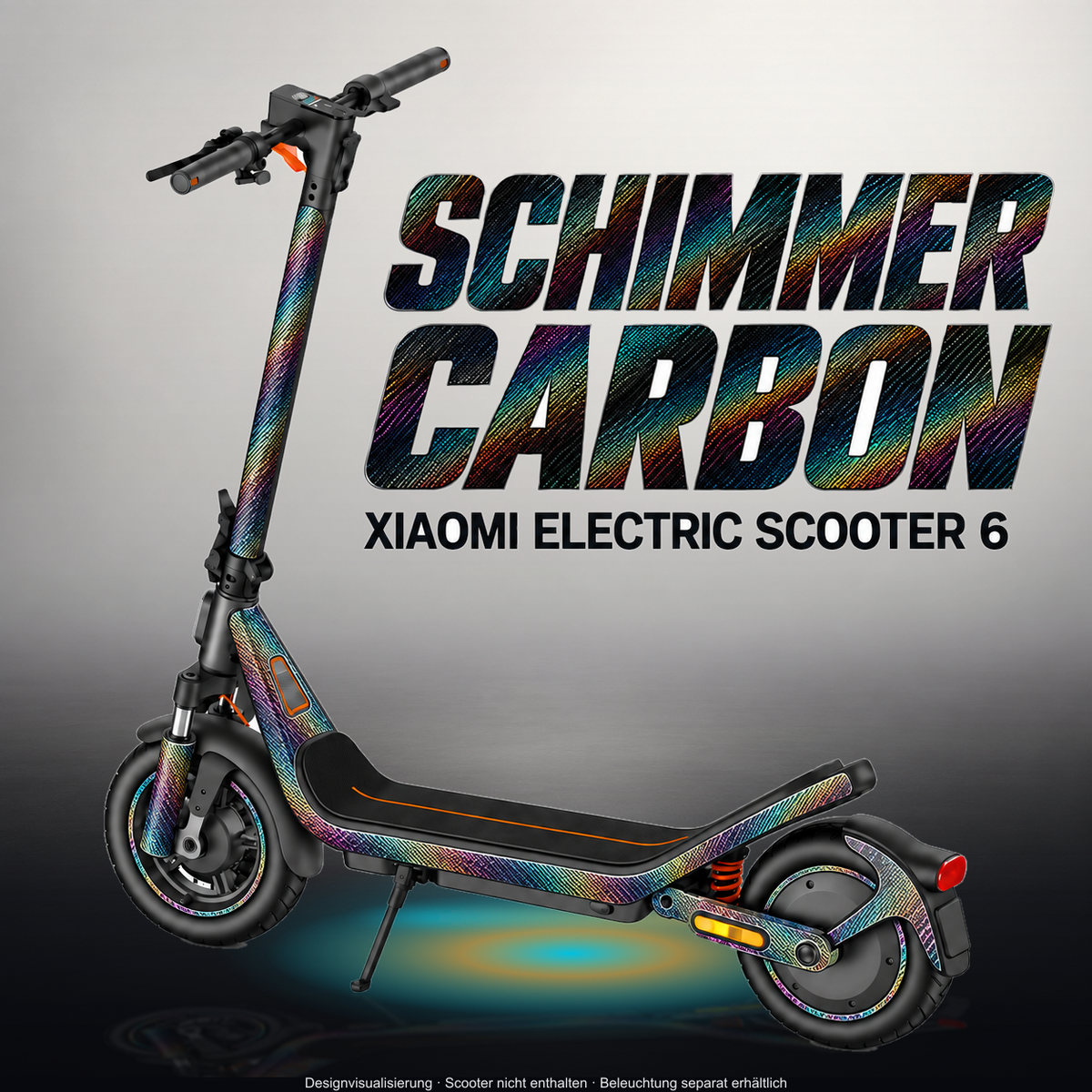 XIAOMI ELECTRIC SCOOTER 6 SKIN | SCHIMMER CARBON – Designvisualisierung im Studio-Look mit Licht in der Skinfarbe; Scooter nicht enthalten, Beleuchtung separat erhältlich