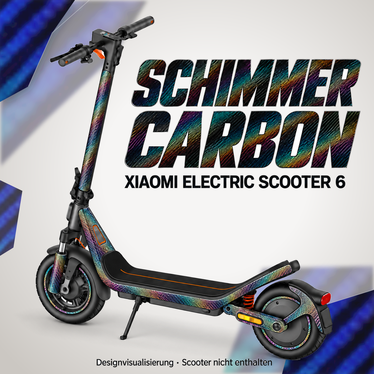 Xiaomi Electric Scooter 6 Skin SCHIMMER CARBON – Designvisualisierung. Reifenaufkleber separat erhältlich. Scooter nicht enthalten.