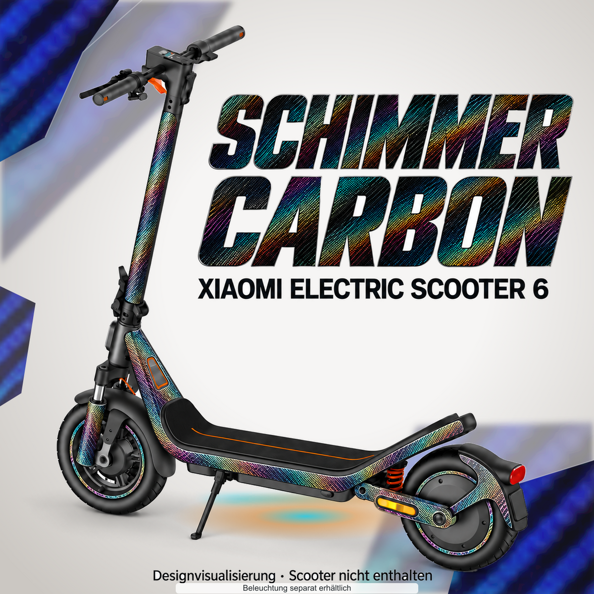 XIAOMI ELECTRIC SCOOTER 6 SKIN | SCHIMMER CARBON – Designvisualisierung mit farblich passendem Lichtschein. Scooter nicht enthalten; Beleuchtung separat erhältlich.