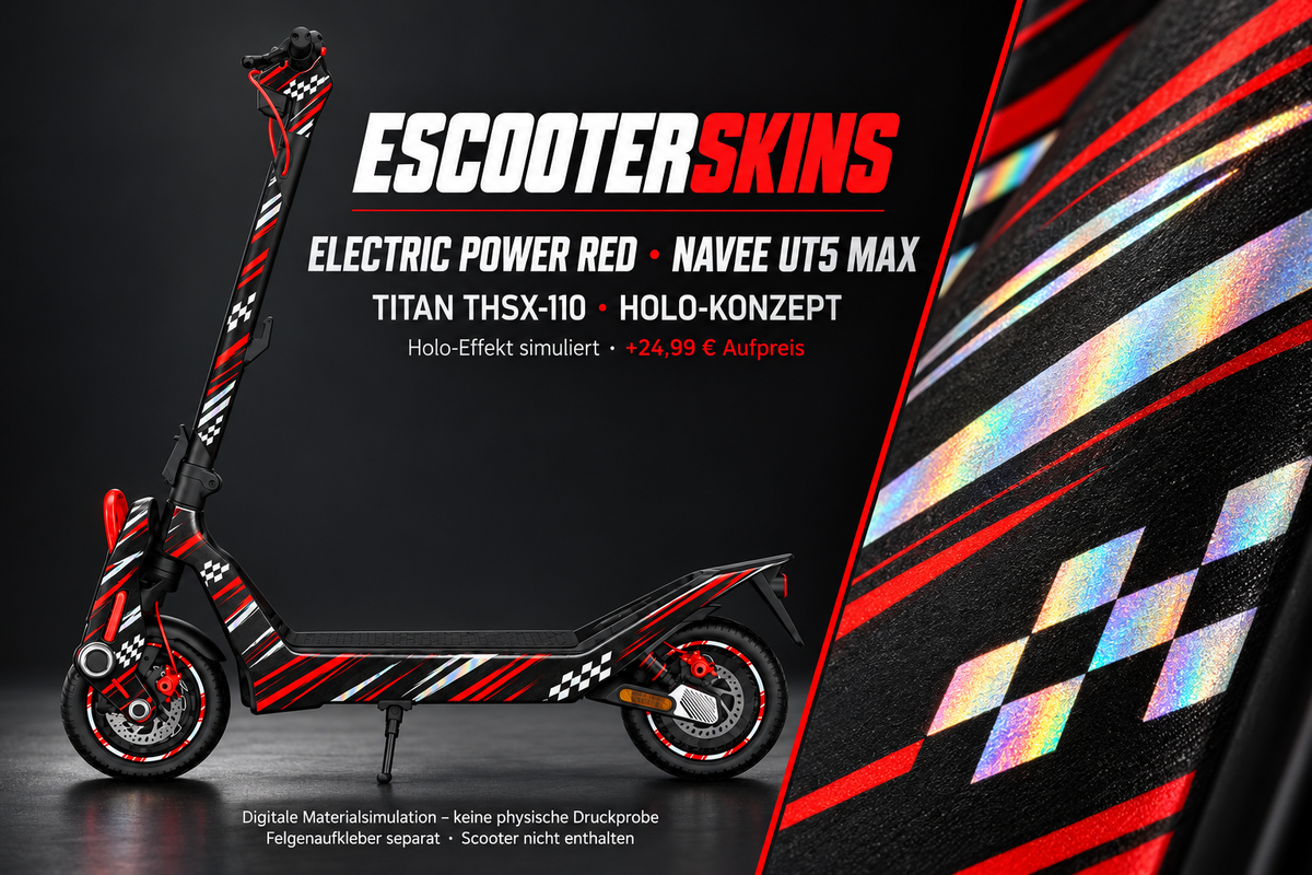 NAVEE UT5 MAX SKIN | ELECTRIC POWER RED – Holo-Effekt simuliert; +24,99 EUR Aufpreis. Digitale Materialsimulation, keine physische Druckprobe. Nur Body-Skin; Trittbrett und Felgenaufkleber separat; Scooter nicht enthalten.