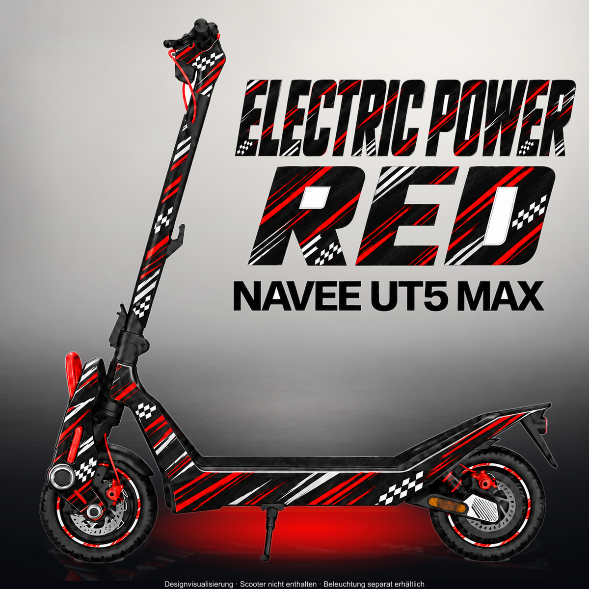 NAVEE UT5 MAX SKIN | ELECTRIC POWER RED – Designvisualisierung im Studio-Look mit Licht in der Skinfarbe; Scooter nicht enthalten, Beleuchtung separat erhältlich
