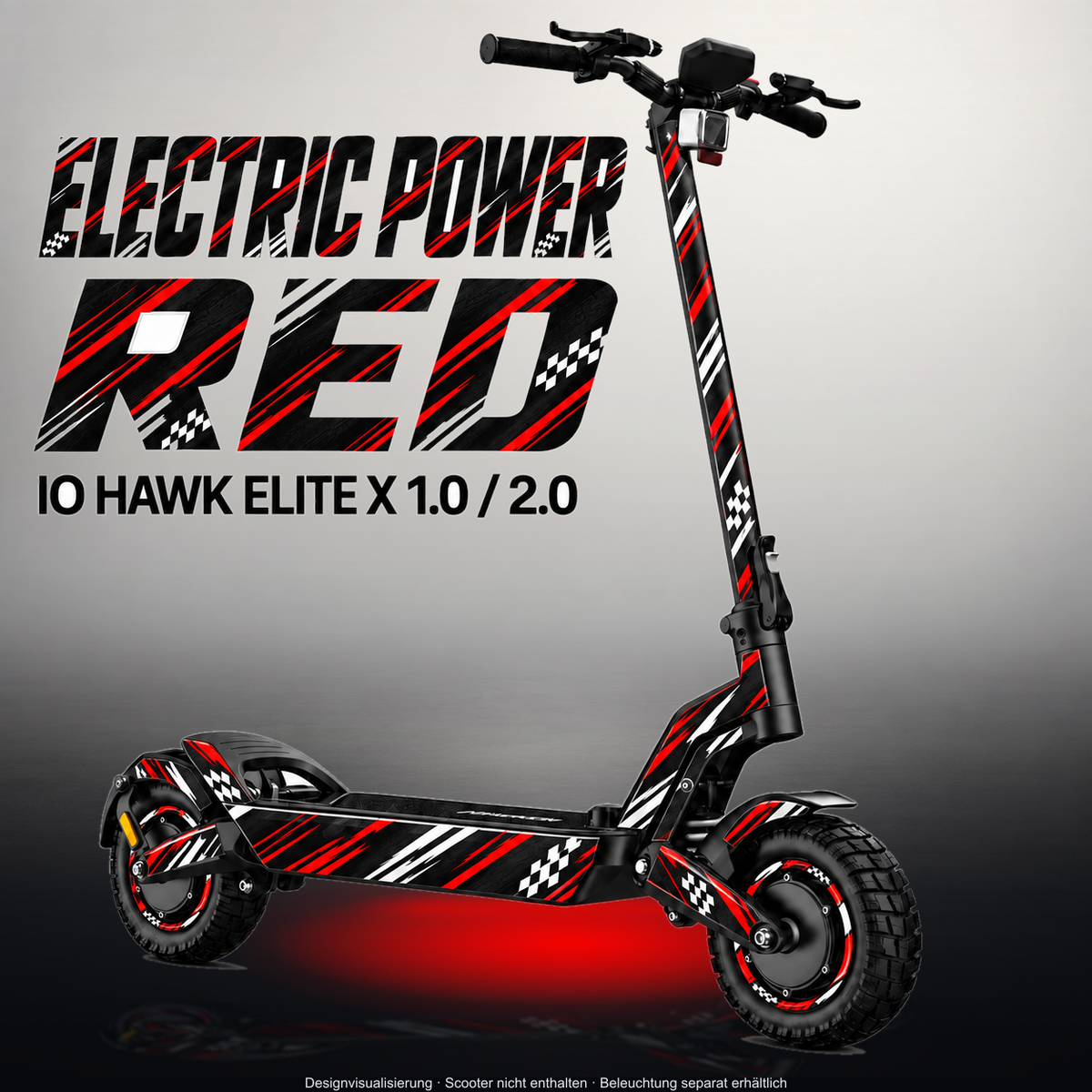 IO HAWK ELITE X 1.0 / 2.0 SKIN | ELECTRIC POWER RED – Designvisualisierung im Studio-Look mit Licht in der Skinfarbe; Scooter nicht enthalten, Beleuchtung separat erhältlich