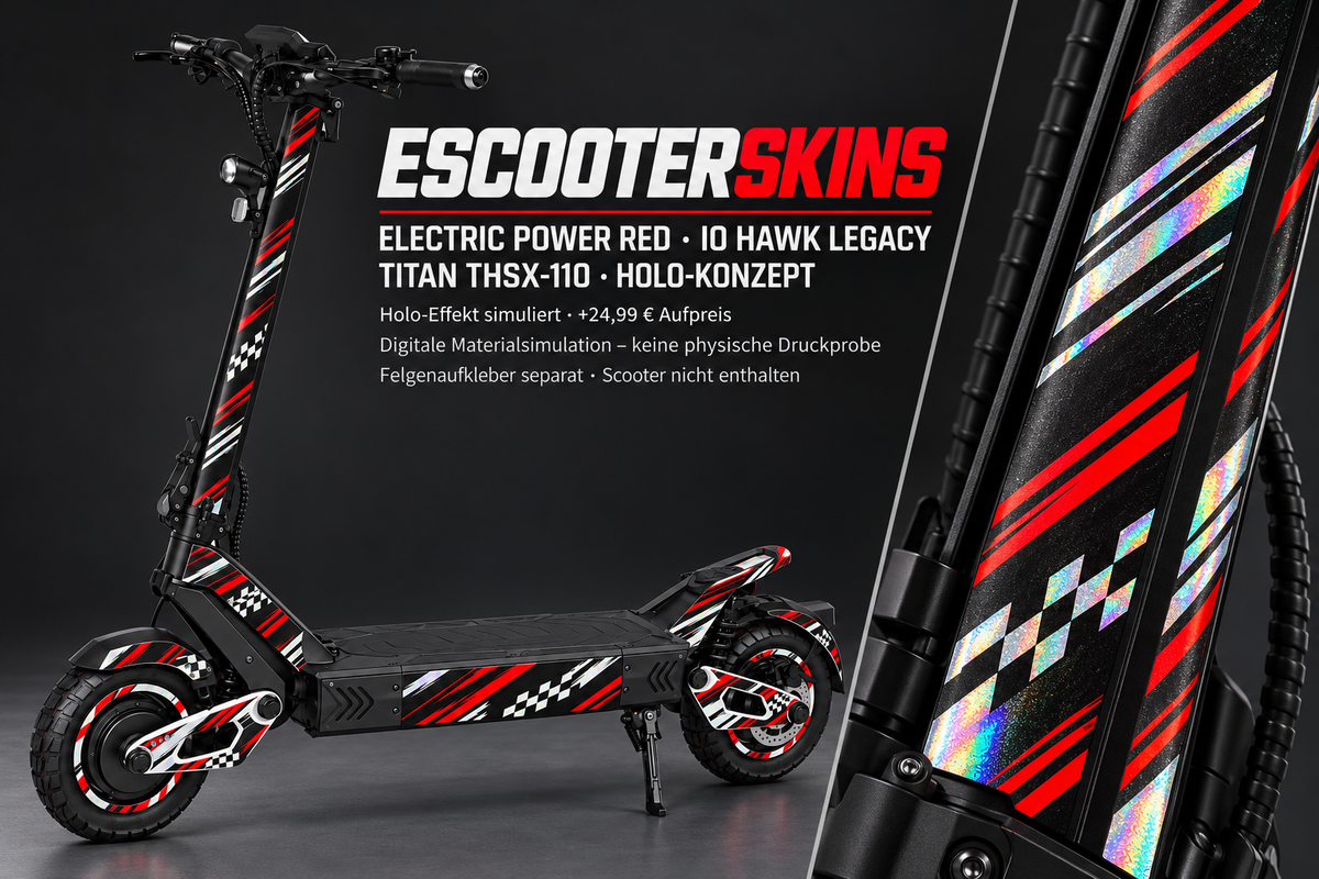 IO HAWK LEGACY SKIN | ELECTRIC POWER RED – Holo-Effekt simuliert; +24,99 EUR Aufpreis. Digitale Materialsimulation, keine physische Druckprobe. Nur Body-Skin; Scooter und Felgenaufkleber nicht enthalten.