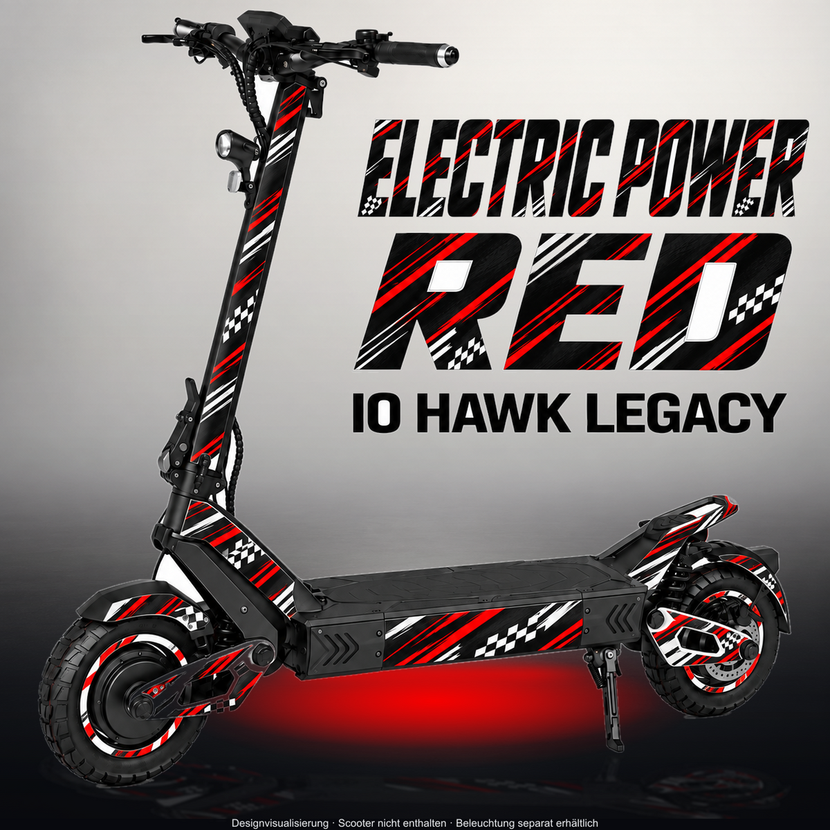 IO HAWK LEGACY SKIN | ELECTRIC POWER RED – Designvisualisierung im Studio-Look mit Licht in der Skinfarbe; Scooter nicht enthalten, Beleuchtung separat erhältlich