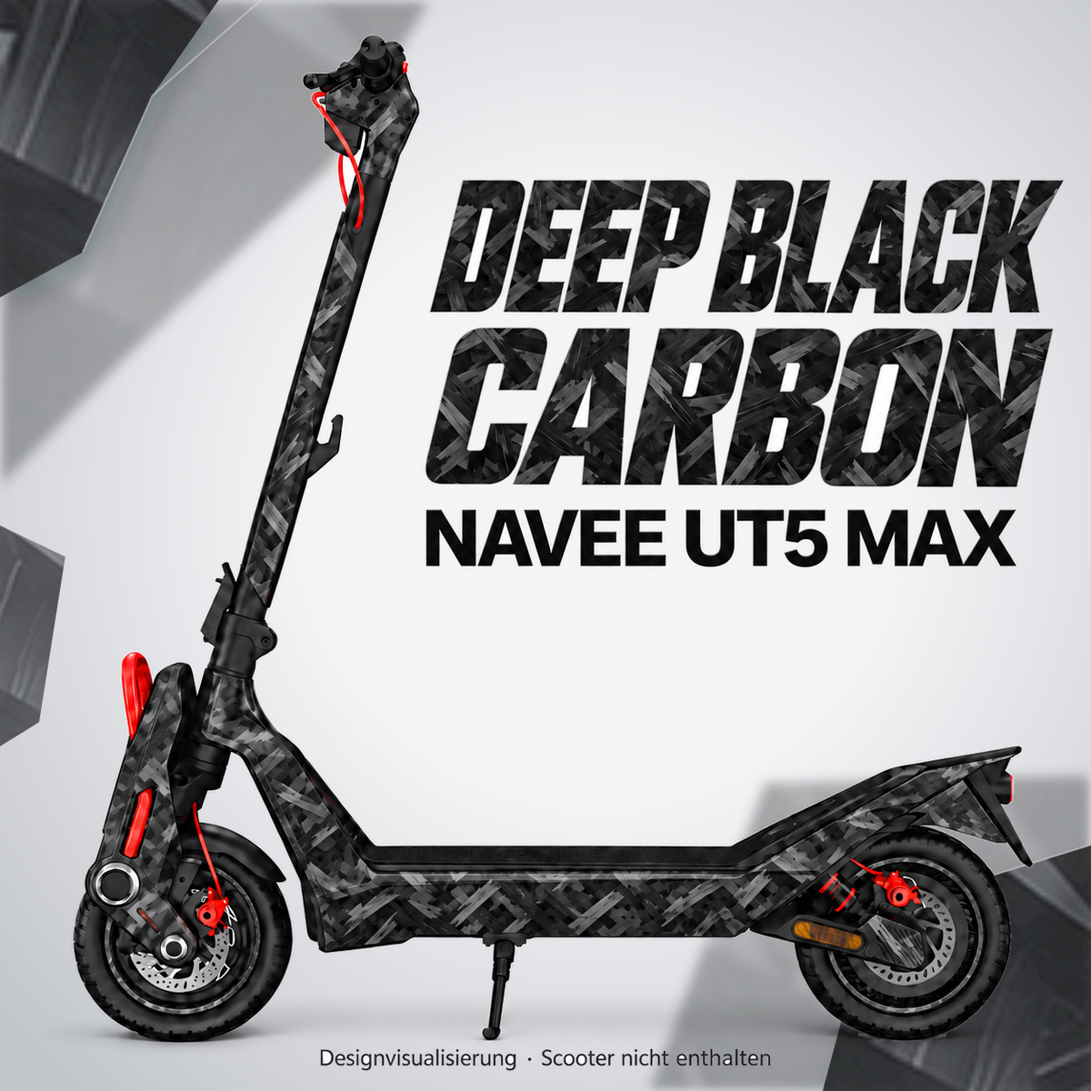 NAVEE UT5 Max Skin DEEP BLACK CARBON – Designvisualisierung. Reifenaufkleber separat erhältlich. Scooter nicht enthalten.