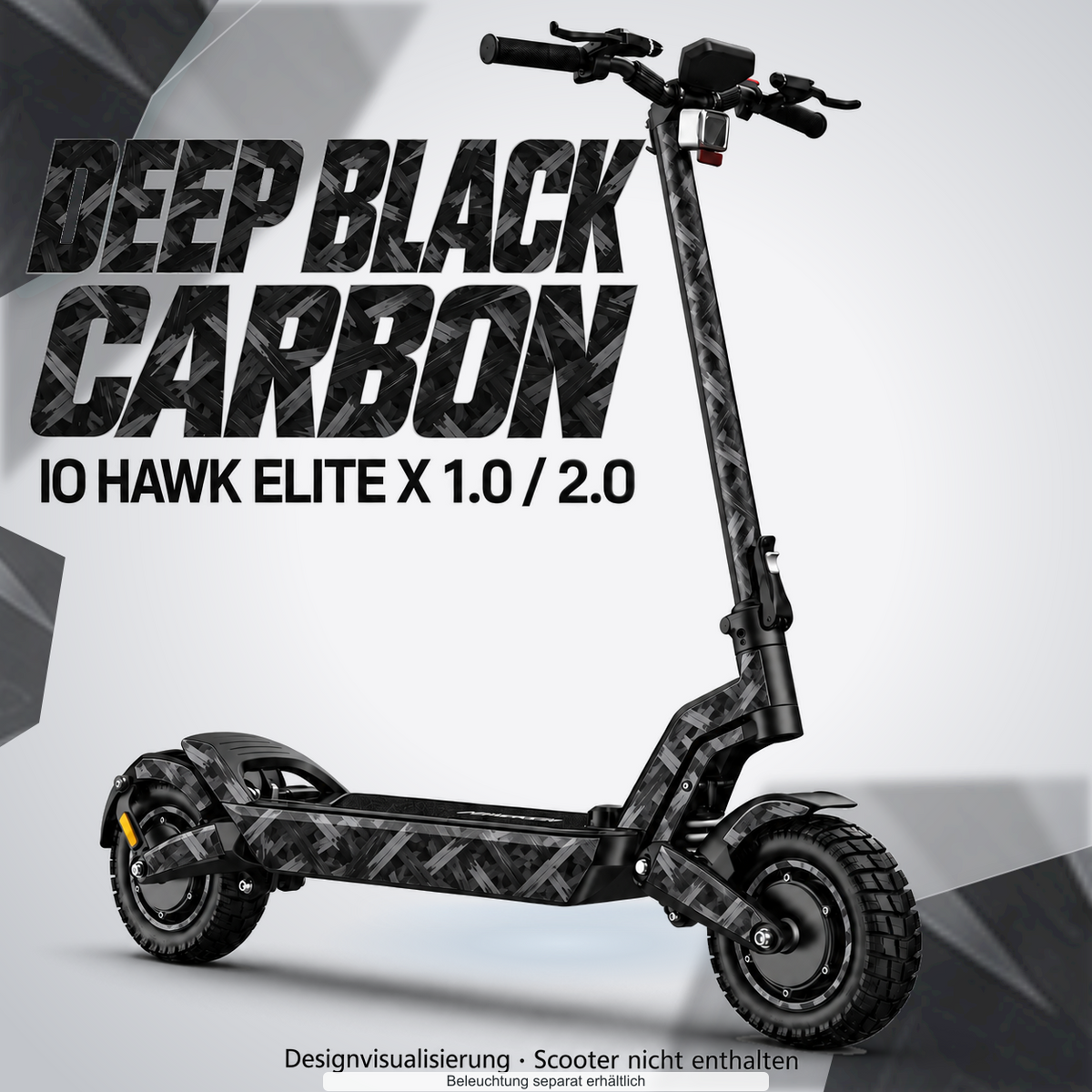 IO HAWK ELITE X 1.0 / 2.0 SKIN | DEEP BLACK CARBON – Designvisualisierung mit optionalem Lichteffekt. Beleuchtung und Reifenaufkleber separat erhältlich. Scooter nicht enthalten.