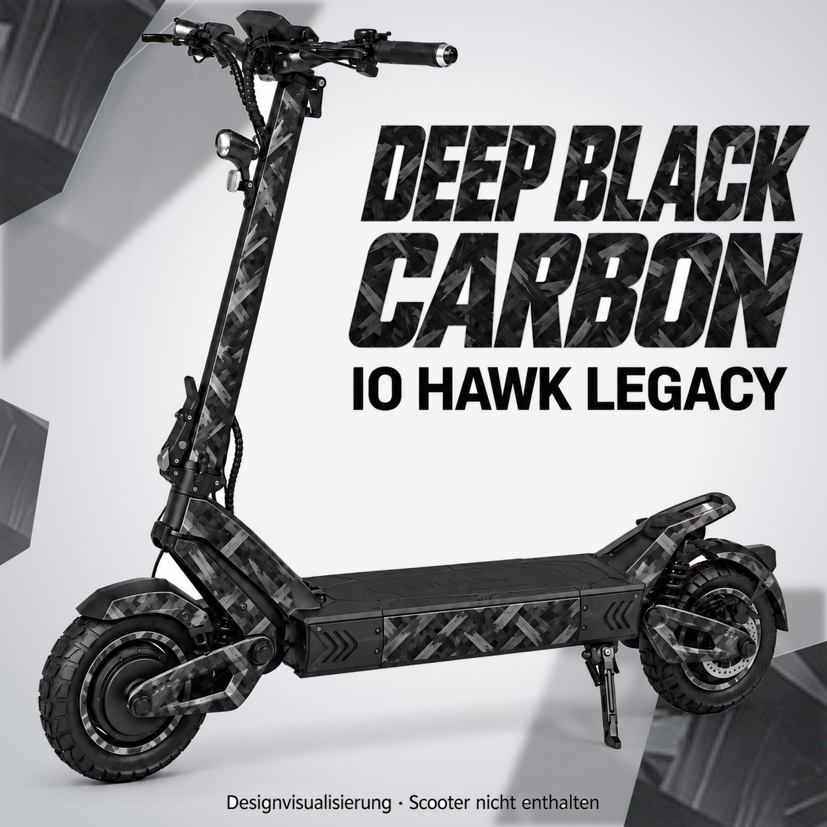 IO HAWK Legacy Skin DEEP BLACK CARBON – Designvisualisierung. Reifenaufkleber separat erhältlich. Scooter nicht enthalten.