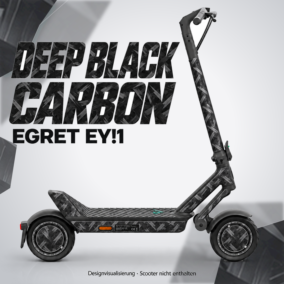 Egret Ey!1 Skin DEEP BLACK CARBON – Designvisualisierung. Reifenaufkleber separat erhältlich. Scooter nicht enthalten.