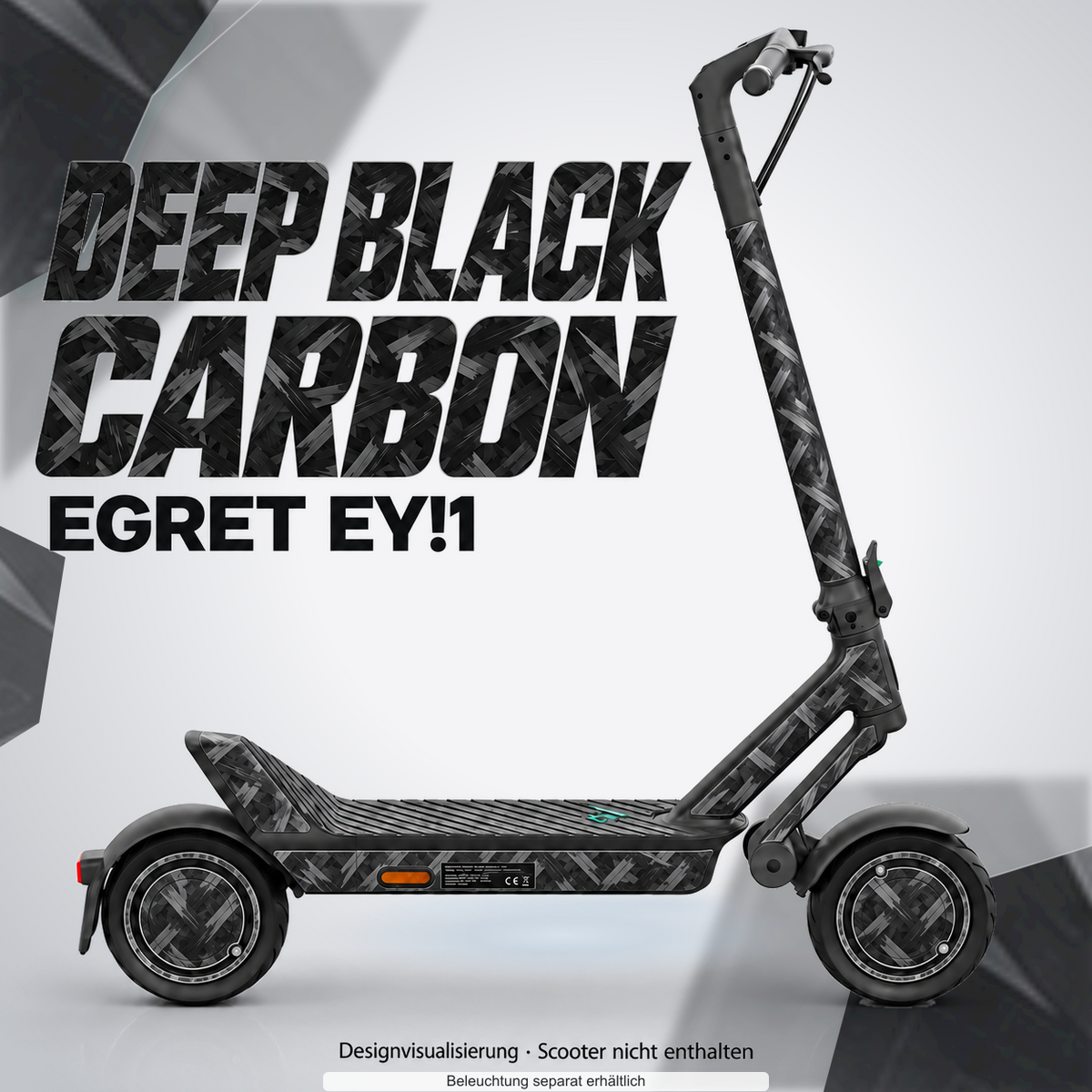 EGRET EY!1 SKIN | DEEP BLACK CARBON – Designvisualisierung mit optionalem Lichteffekt. Beleuchtung und Reifenaufkleber separat erhältlich. Scooter nicht enthalten.