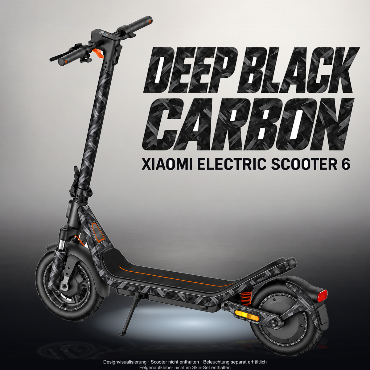 XIAOMI ELECTRIC SCOOTER 6 SKIN | DEEP BLACK CARBON – Designvisualisierung mit Licht in der Skinfarbe; Scooter nicht enthalten, Beleuchtung separat erhältlich