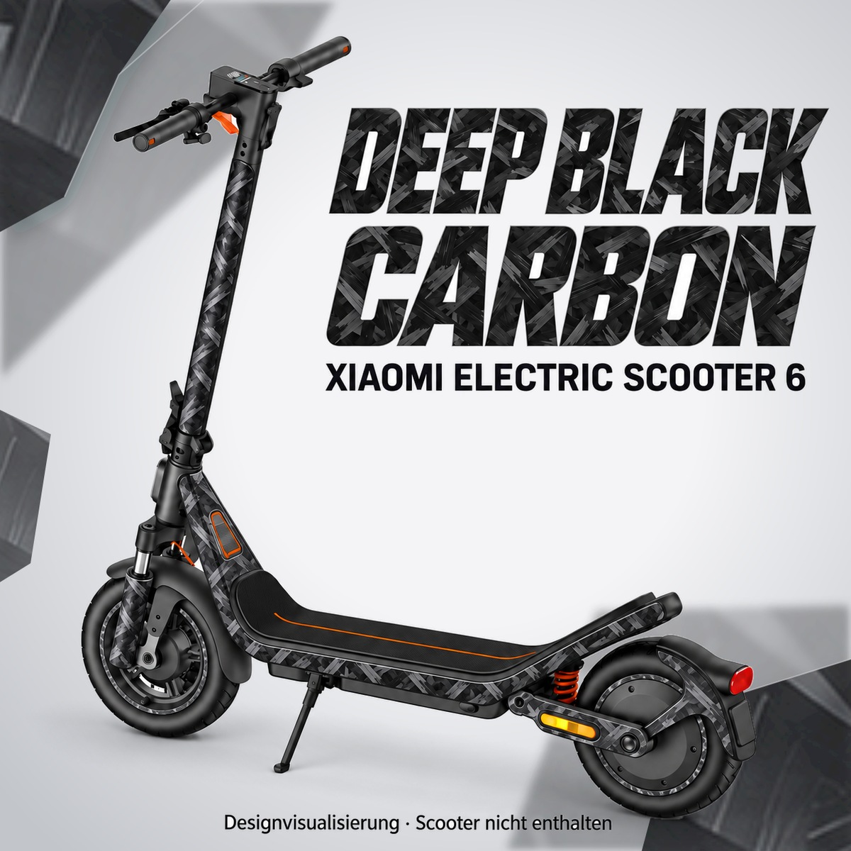 Xiaomi Electric Scooter 6 Skin DEEP BLACK CARBON – Designvisualisierung. Reifenaufkleber separat erhältlich. Scooter nicht enthalten.