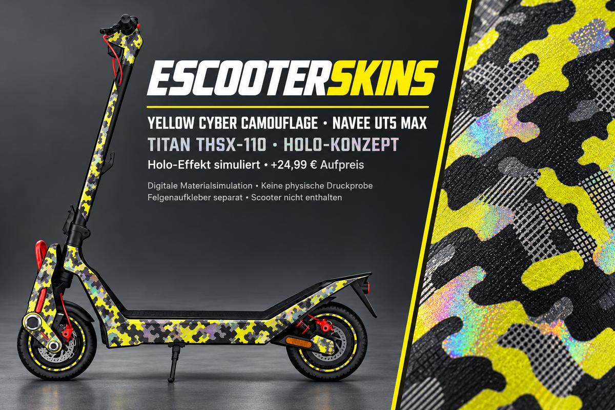 NAVEE UT5 MAX SKIN | YELLOW CYBER CAMOUFLAGE – Holo-Effekt simuliert; +24,99 EUR Aufpreis. Digitale Materialsimulation, keine physische Druckprobe. Nur Body-Skin; Trittbrett und Felgenaufkleber separat; Scooter nicht enthalten.