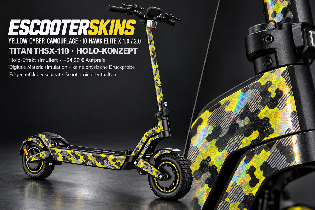 IO HAWK ELITE X 1.0 / 2.0 SKIN | YELLOW CYBER CAMOUFLAGE – Holo-Effekt simuliert; +24,99 EUR Aufpreis. Digitale Materialsimulation, keine physische Druckprobe. Nur Body-Skin; Scooter und Felgenaufkleber nicht enthalten.