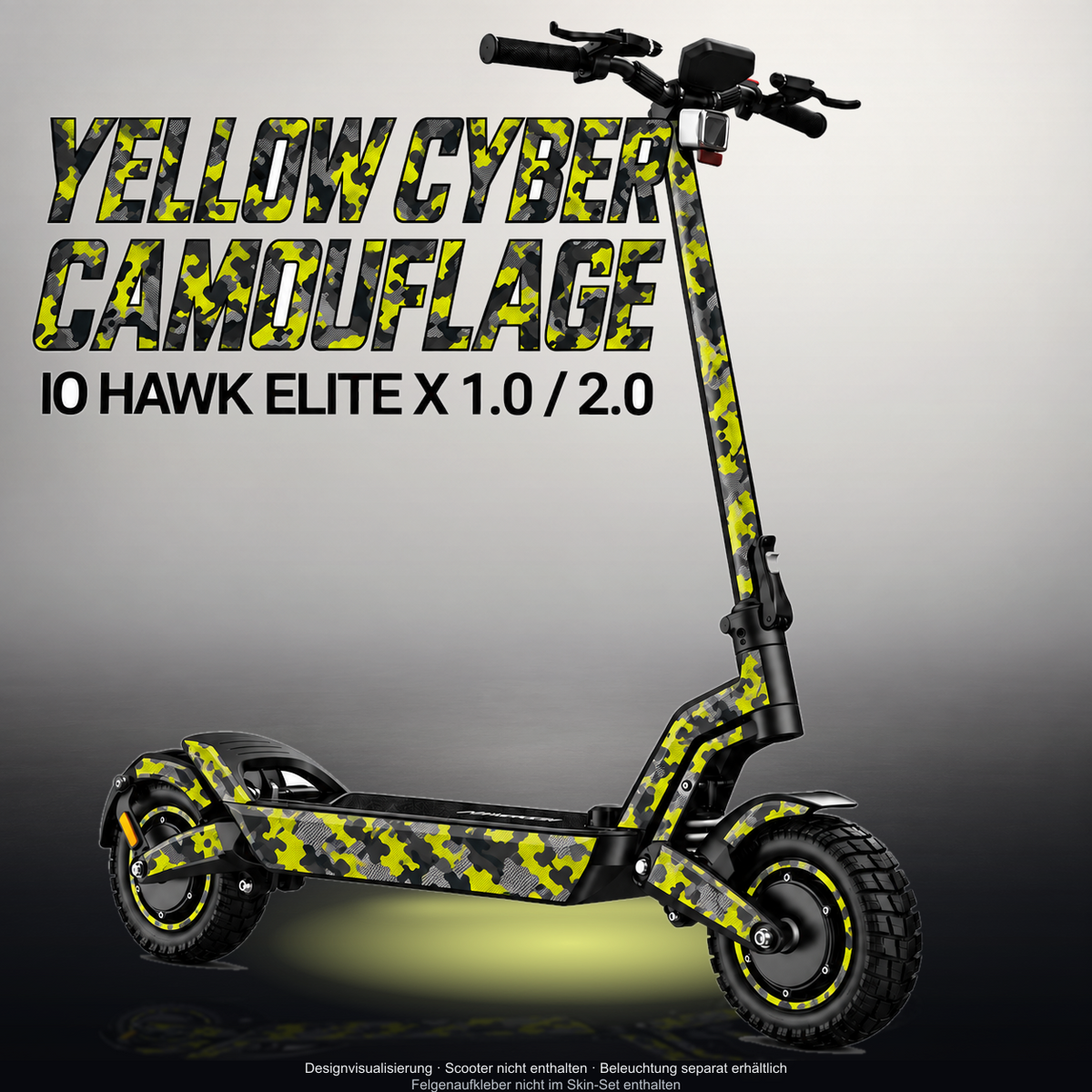 IO HAWK ELITE X 1.0 / 2.0 SKIN | YELLOW CYBER CAMOUFLAGE – Designvisualisierung mit Licht in der Skinfarbe; Scooter nicht enthalten, Beleuchtung separat erhältlich