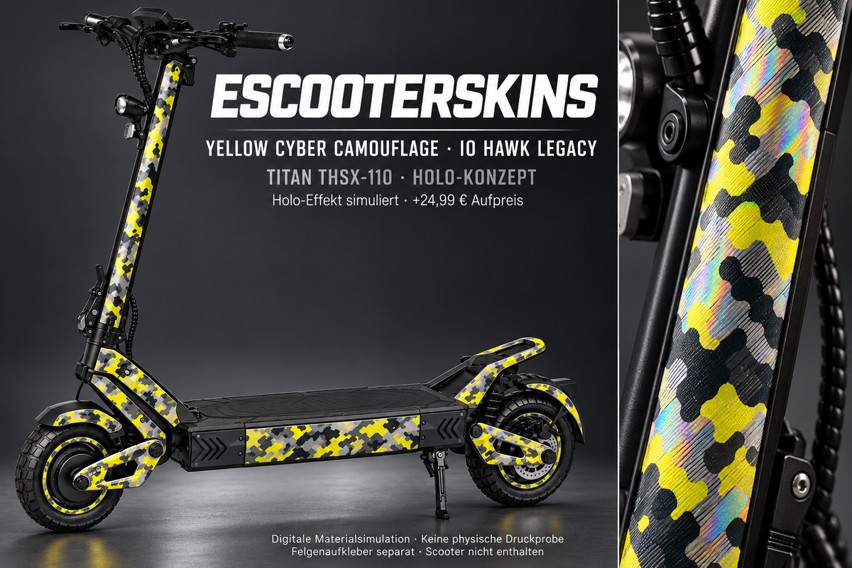 IO HAWK LEGACY SKIN | YELLOW CYBER CAMOUFLAGE – Holo-Effekt simuliert; +24,99 EUR Aufpreis. Digitale Materialsimulation, keine physische Druckprobe. Nur Body-Skin; Scooter und Felgenaufkleber nicht enthalten.