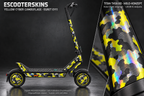 EGRET EY!1 SKIN | YELLOW CYBER CAMOUFLAGE – Holo-Effekt simuliert; +24,99 EUR Aufpreis. Digitale Materialsimulation, keine physische Druckprobe. Nur Body-Skin; Scooter und Felgenaufkleber nicht enthalten.